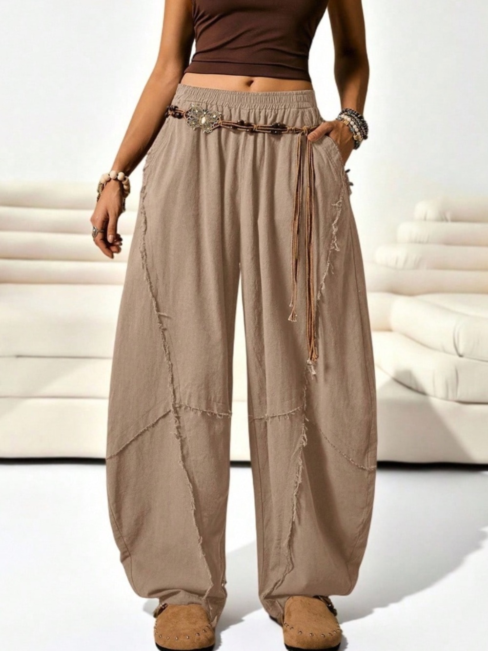 Solid Stretchy Waist Pockets Frayed Detail Harem Genie Pants